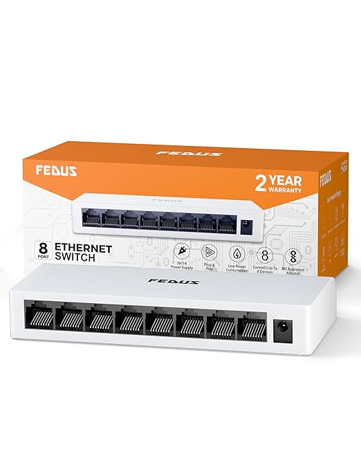 FEDUS Ethernet Switch, 10 to 100Mbps 8 Port Gigabit Ethernet Splitter, Plug & Play, Desktop Network Switch Hub, Unmanaged, Compact, with LED, Fanless Quiet, for Internet Cable, Laptop, Router, NAS