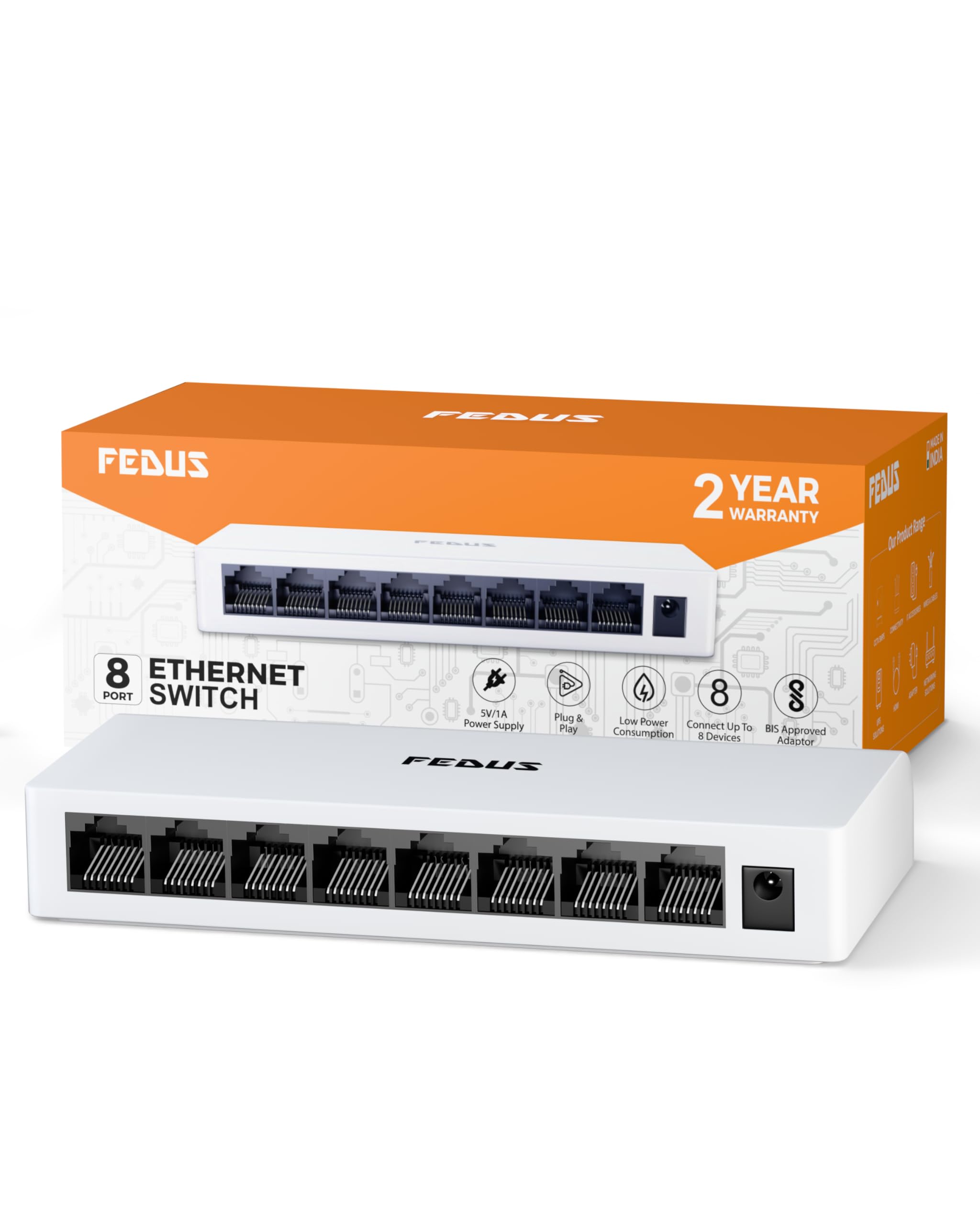 FEDUS NEXTPORT-800, 8 Port Ethernet Switch, 10/100 Mbps Fast Desktop Network Hub & Internet Splitter, Plug & Play, Unmanaged, Fanless RJ45 LAN Expansion for Internet Cable, Laptop,PC,Smart TV,CCTV,NAS