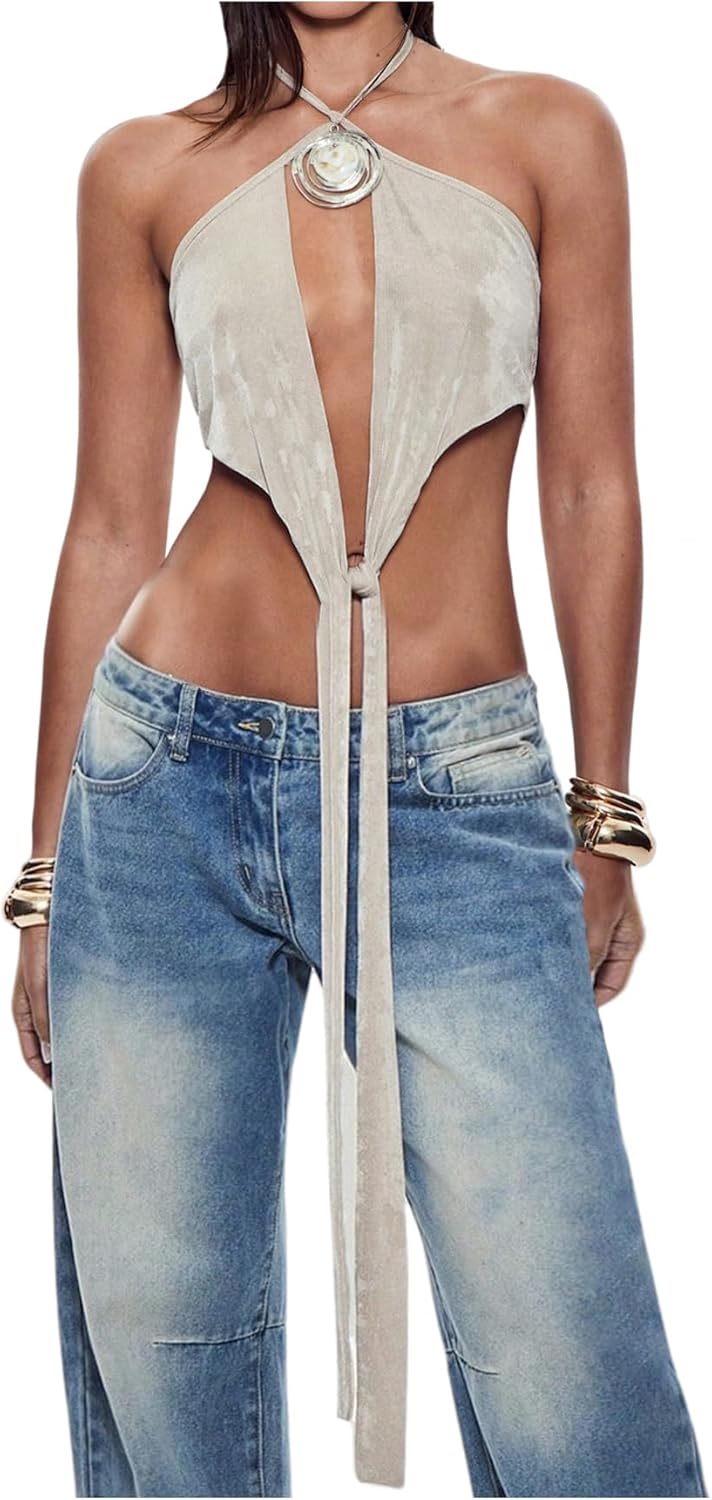 MakeMeChic Women's Halter Crop Tops Open Back Tie Front Sleeveless Party Club Tank