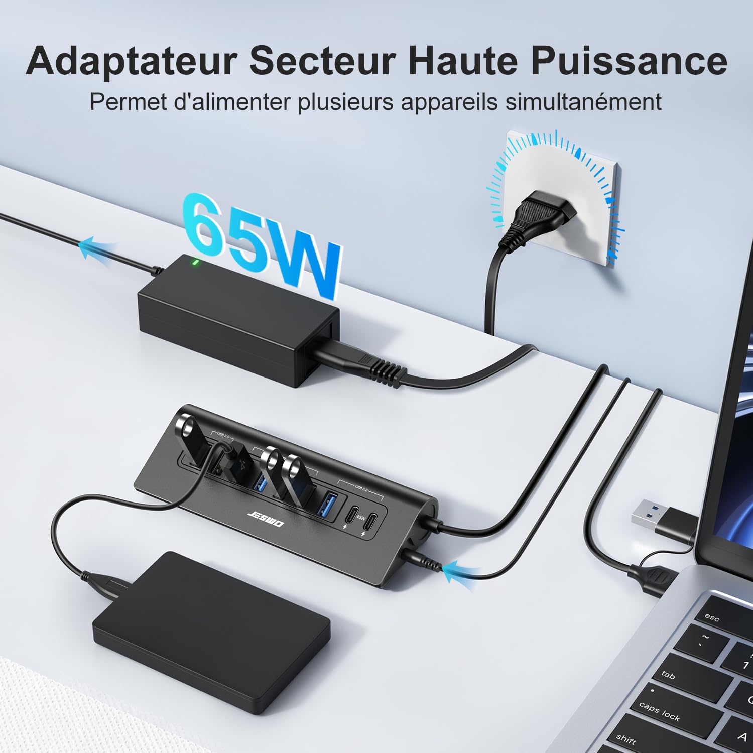JESWO 65W Hub USB C Alimentato 9 Porte Alluminio Hub USB 3.2 10Gbps(USB A+C