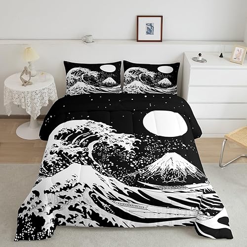 Erosebridal Juego de ropa de cama tamaño King, diseño de olas del océano, edredón de plumón de Fuji de montaña, edredón de estilo japonés, edredón