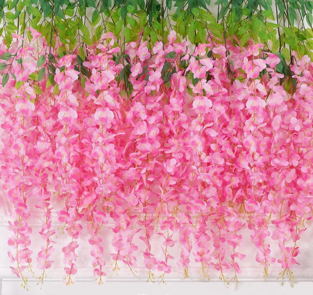 Macrak Pink 7.2 Ft Artificial Wisteria Flowers, 16 Branches Artificial Flowers Vine Garland Plants For Wedding Party Garden Home Decoration (Pink)