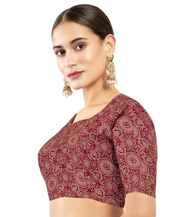 Chandrakala Cotton Printed Blouses for Women sarees, Elbow Sleeves Ajrakh Print Crop top Choli Maroon, Medium (B223MAR3) by Chandrakala - Used condition - Image 2