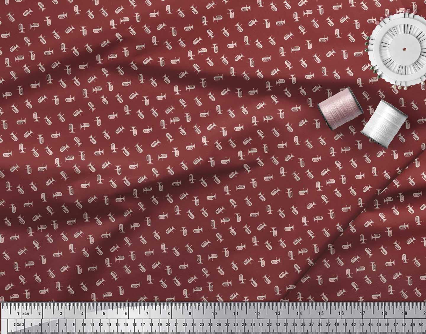 Soimoi Poly Georgette Red Fabric - by The Yard - 52 Inch Wide - Tuba Musical Instruments Shirting - Musical Harmony with Tuba Instrument Prints Printed Fabric