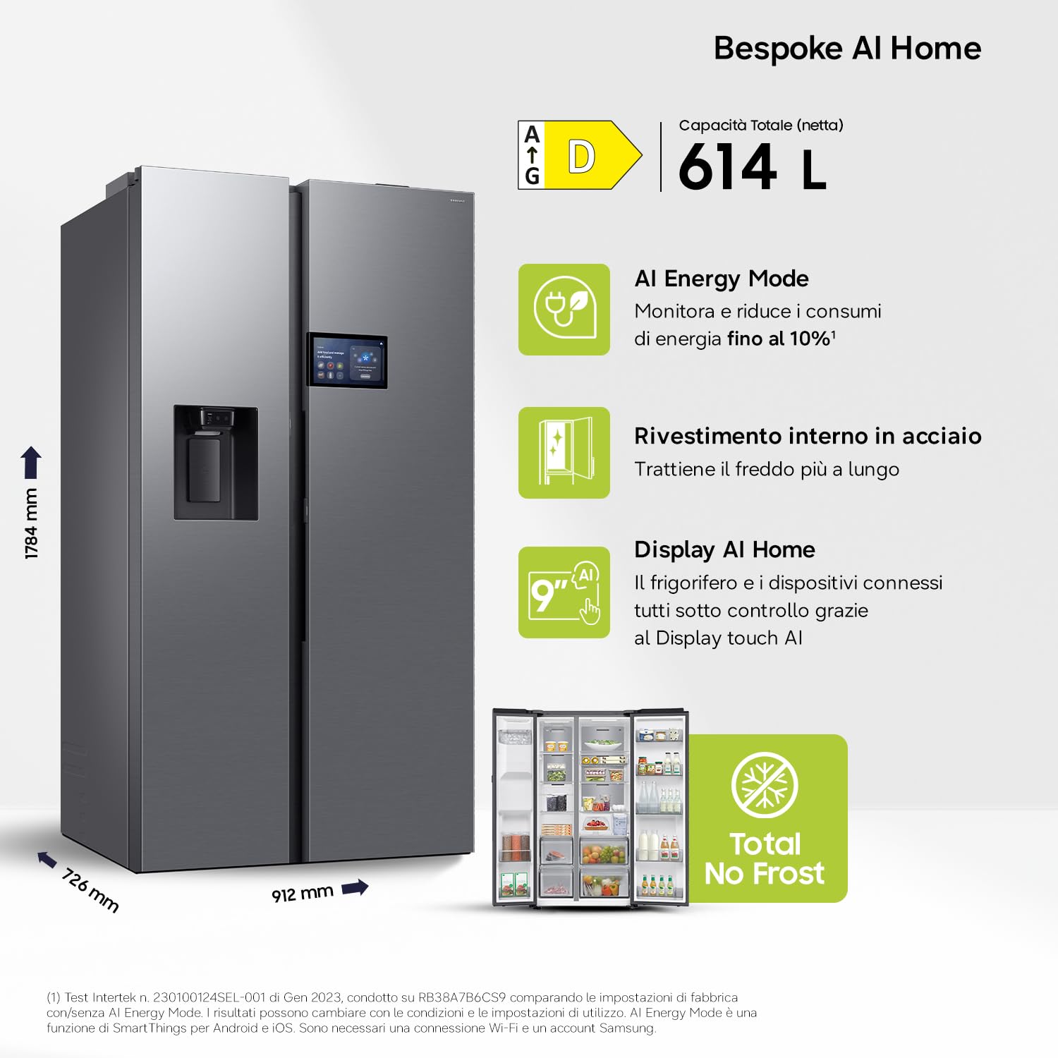 Samsung Frigorifero Side by Side AI Home F-RG90F65EDT3M, Dispenser Acqua/Ghiaccio Senza Allaccio, Wifi con AI Energy Mode, SpaceMax, 3 Mesi Garanzia Extra, 614 L, LxAxP: 91,2 x 178,4 x 72,6 cm, Inox