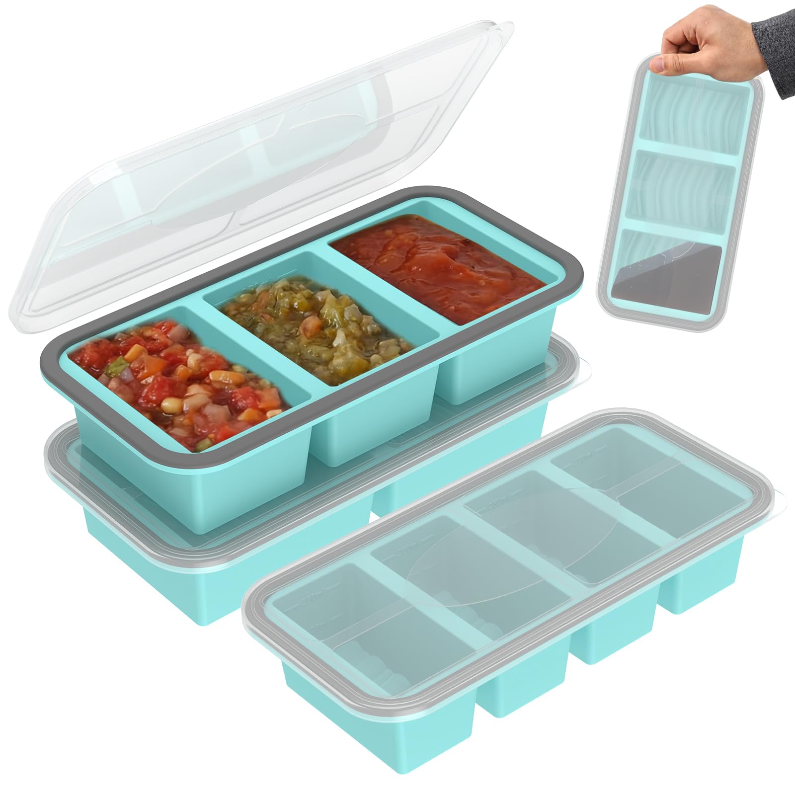 3Pack Silicone Freezer Tray with Lid, Soup Freezing Container Molds, Large Ice Cube Tray, Freezer Storage Food Soups & Meal Prep, for Storing 250/350/500mL Broth, Leftovers and Sauce(Blue Green)