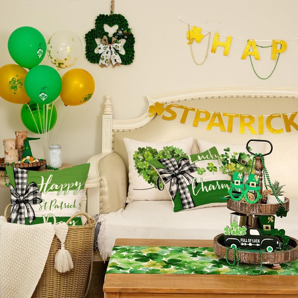 GEEORY St. Patrick's Day Pillow Covers 18 x 18 Inch Set of 4, Green Shamrock Heart Lucky Charm Buffalo Plaid Mason Jar Farmhouse Throw Pillowcases for Home Sofa Couch Cushion Decoration G439-18 - Image 4