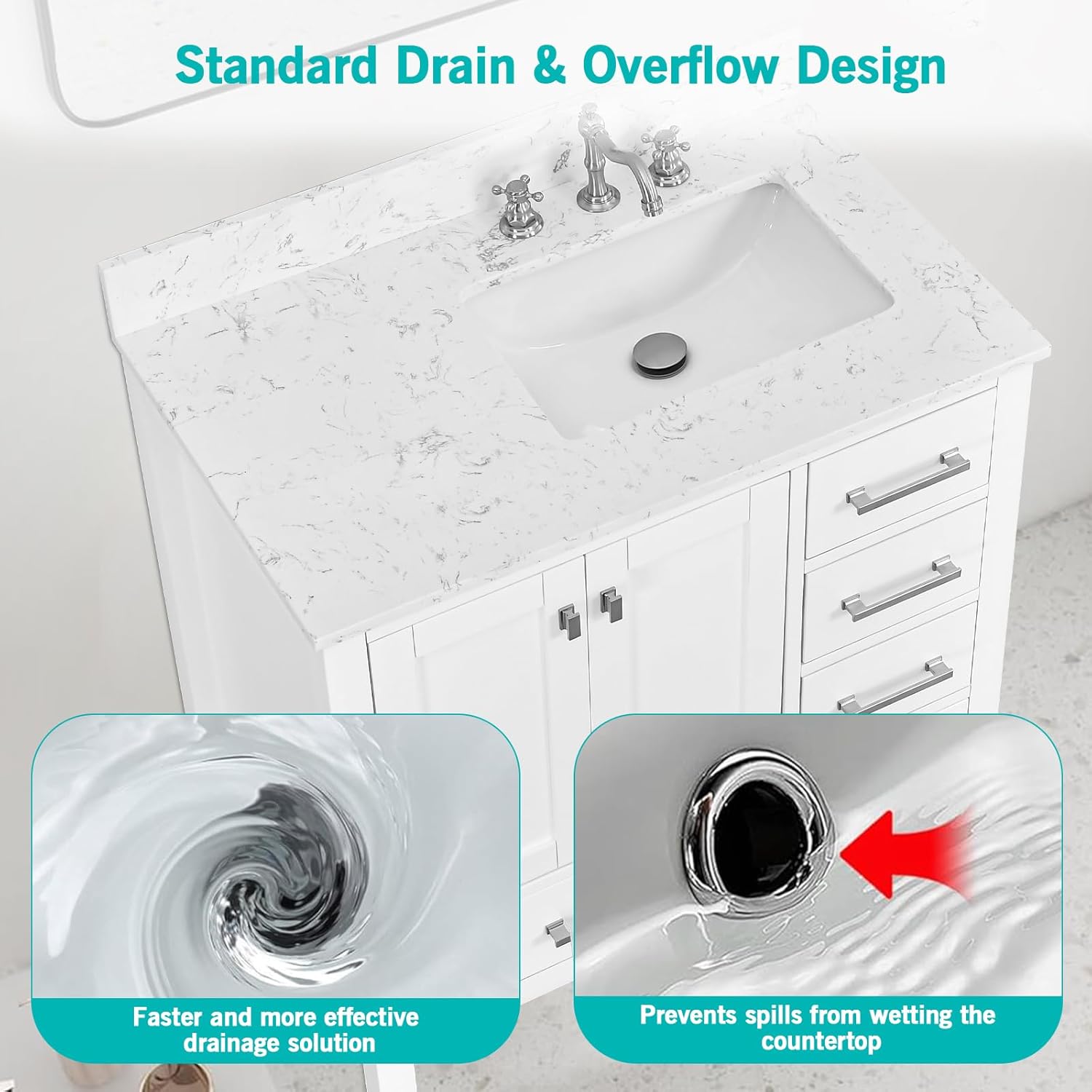 36"x22" Engineered Stone Bathroom Vanity Top with Rectangular Undermount Ceramic Right Offset Sink, 8 Inch Faucet Hole Spread with Backsplash Bathroom Vanity Sink Top (Cabinet Not Included)