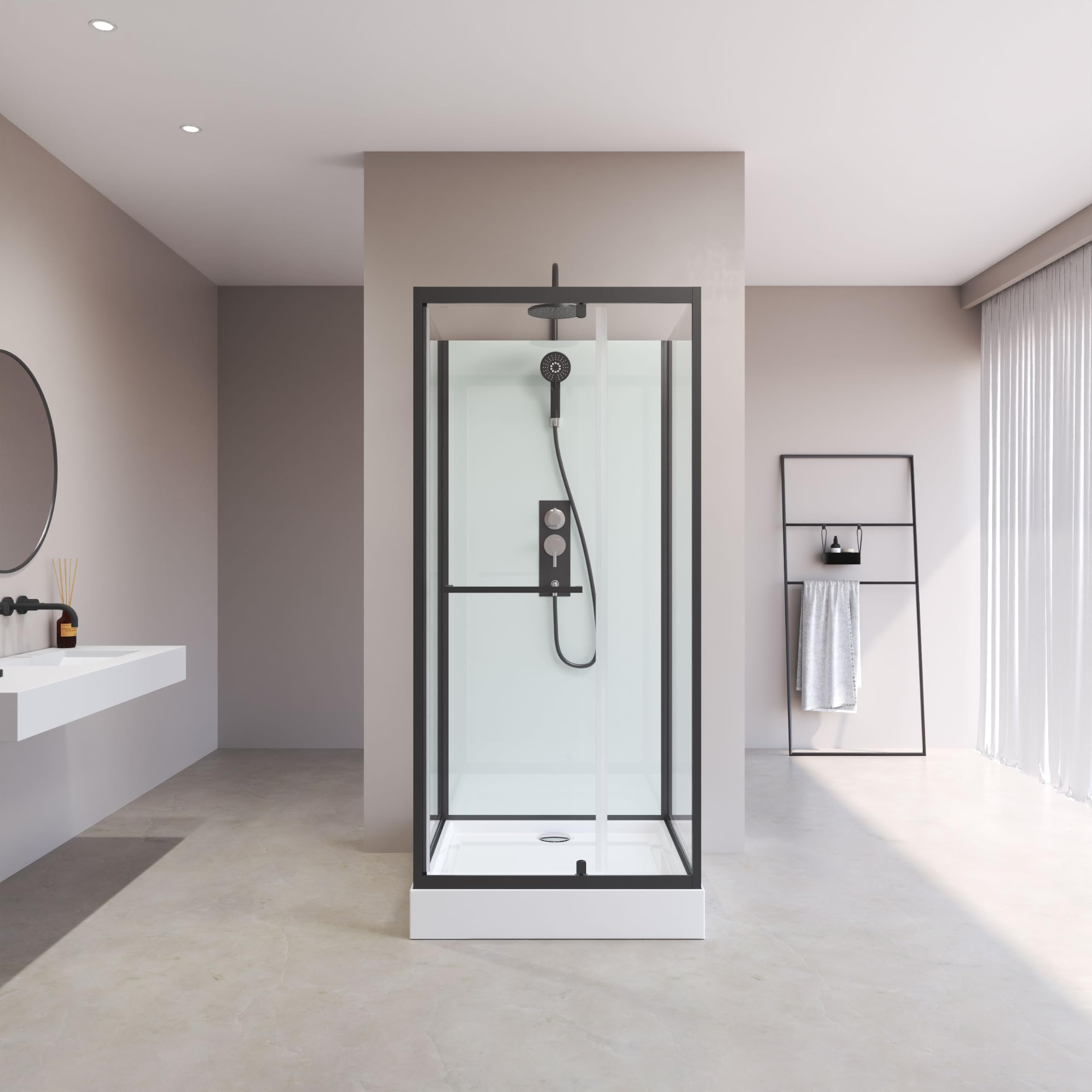 MARWELL Ducha completa City – ducha prefabricada 90 x 90 x 230 cm – Cabina de ducha con plato de ducha y grifo – ducha con entrada frontal – ducha de cristal con perfiles de aluminio – ducha de efecto