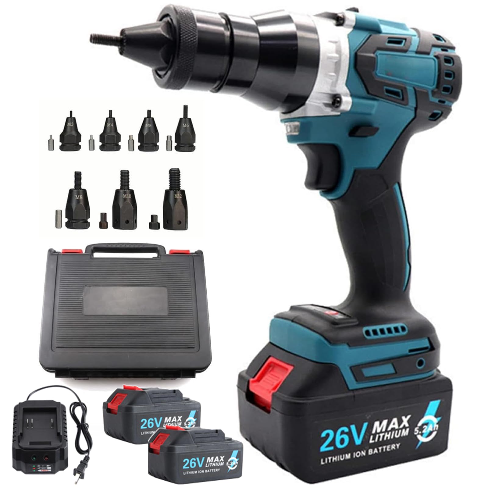 Remachadora de Tuercas a Batería y Eléctrica Portátil - Juego Profesional con Cargador para Tuercas Remachables M3, M4, M5, M6, M8, M10, M12 en Acero (5200mAh, 2 Batería)