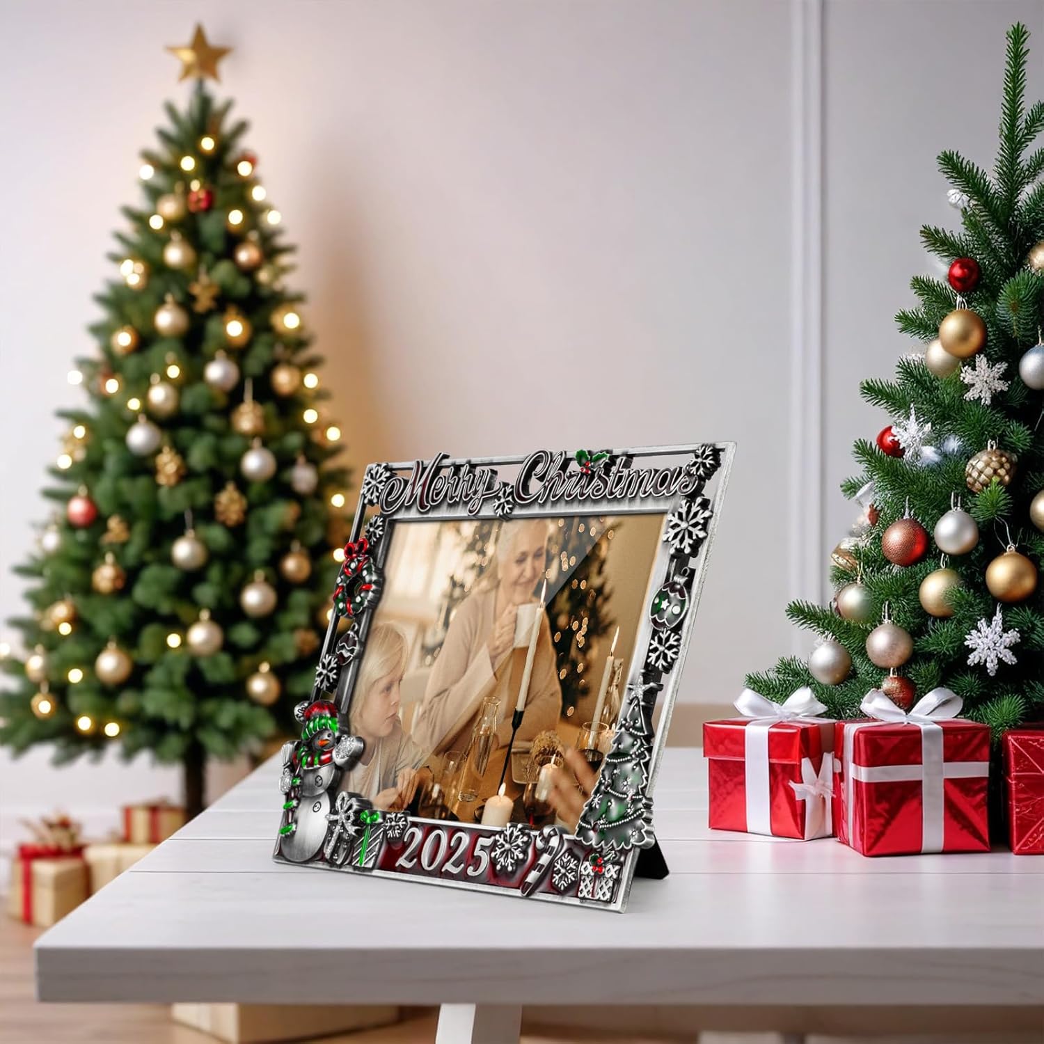 Christmas Snowflake 4x6 Picture Frame Christmas Metal Display Photo Frames with Red Rhinestone High Definition Glass Front Gift Ideas Tabletop Home Decorative (2025 Snowman, Gray)