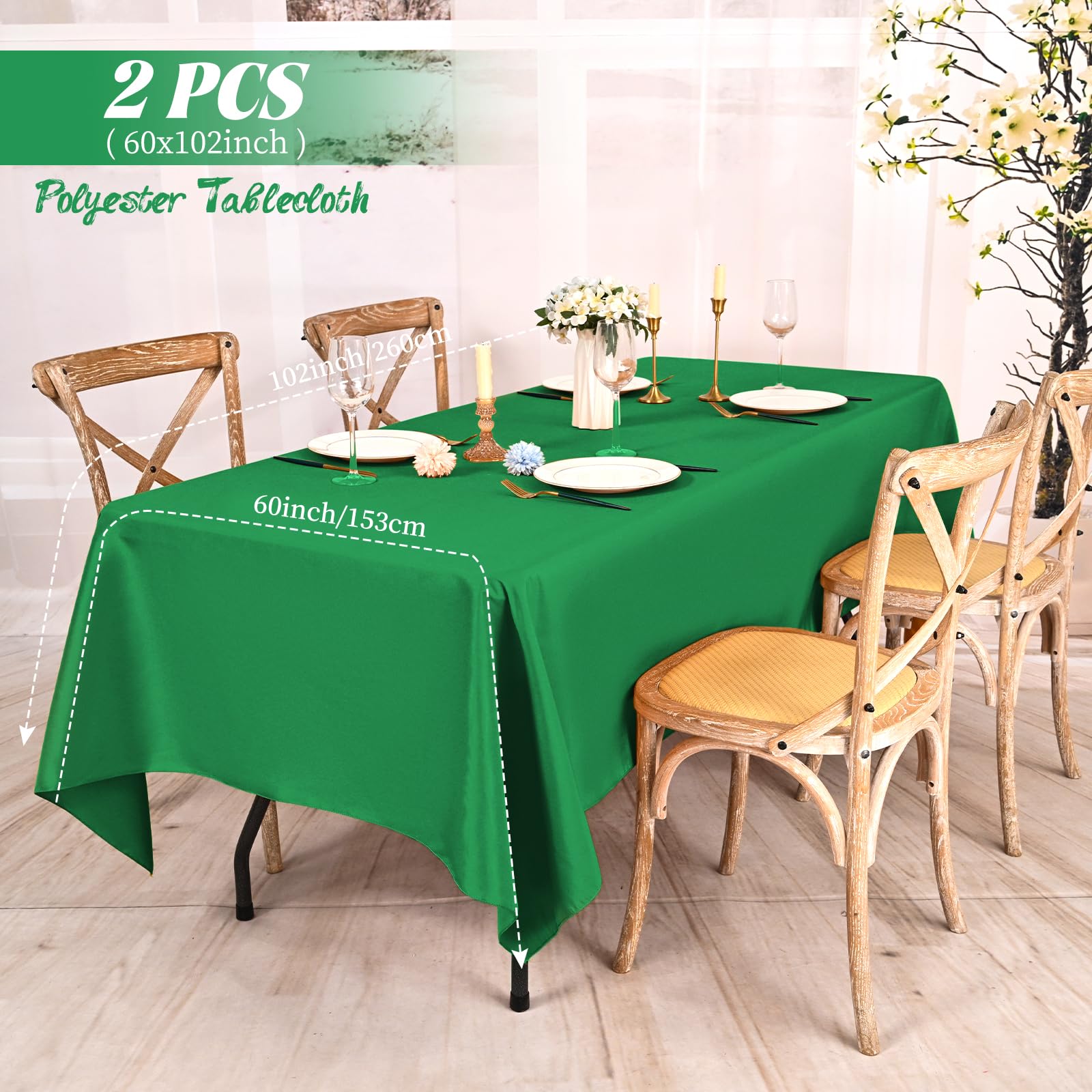 2 Pack Green Rectangle Tablecloth 153 x 260CM/60 x 102Inch Green Tablecloths Waterproof Polyester Table Cloth for 6 FT Tables Stain and Wrinkle Resistant Washable Fabric Table Cover for Party Wedding - Image 2