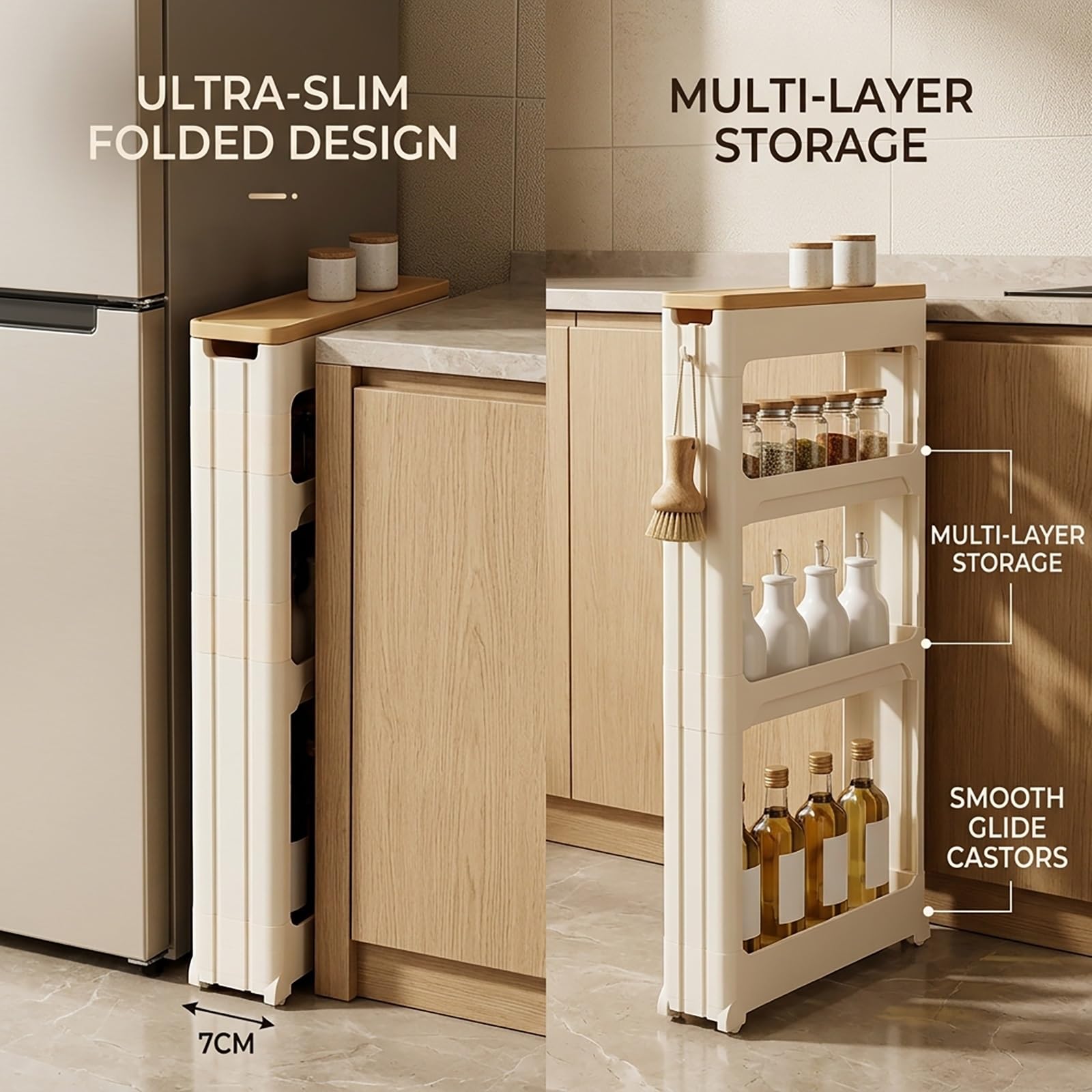 Carrello Portaoggetti Stretto, Mobiletto Bagno Salvaspazio, Carrellino Cucina per Spazi Stretti, Scaffale Multiuso Mobile per Lavanderia con Ruote(39x7x42.5cm)