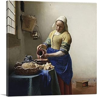 ARTCANVAS The Milkmaid 1660 Canvas Art Print Stretched Framed Painting Picture Poster Giclee Wall Decor by Johannes Vermeer - 18" x 18" (0.75" Deep)