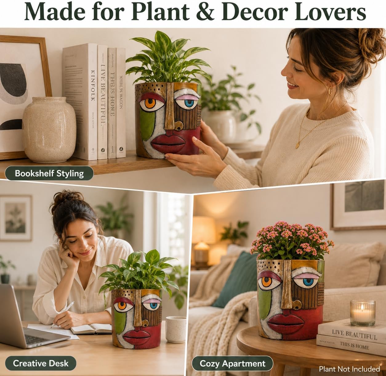 XMGZQ Abstract Cubism Face Planter,Pop Art Sculpture & Vase Decor,Unique Picasso Style Flower Pot,for 4-6 Inch Succulents & Houseplants,Drainage Hole Included,Statement Gift (Eclectic)