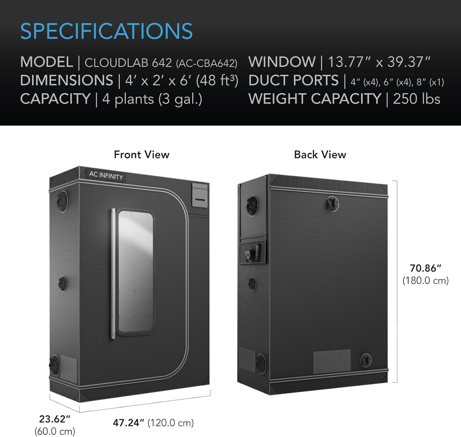 AC Infinity CLOUDLAB 642 & IONFRAME Bundle – CLOUDLAB 642 48"x24"x72" Grow Tent with 1" Poles & 2000D Mylar Canvas + IONFRAME EVO3 Full Spectrum Samsung LM301H EVO LED Grow Light with Schedule Contr
