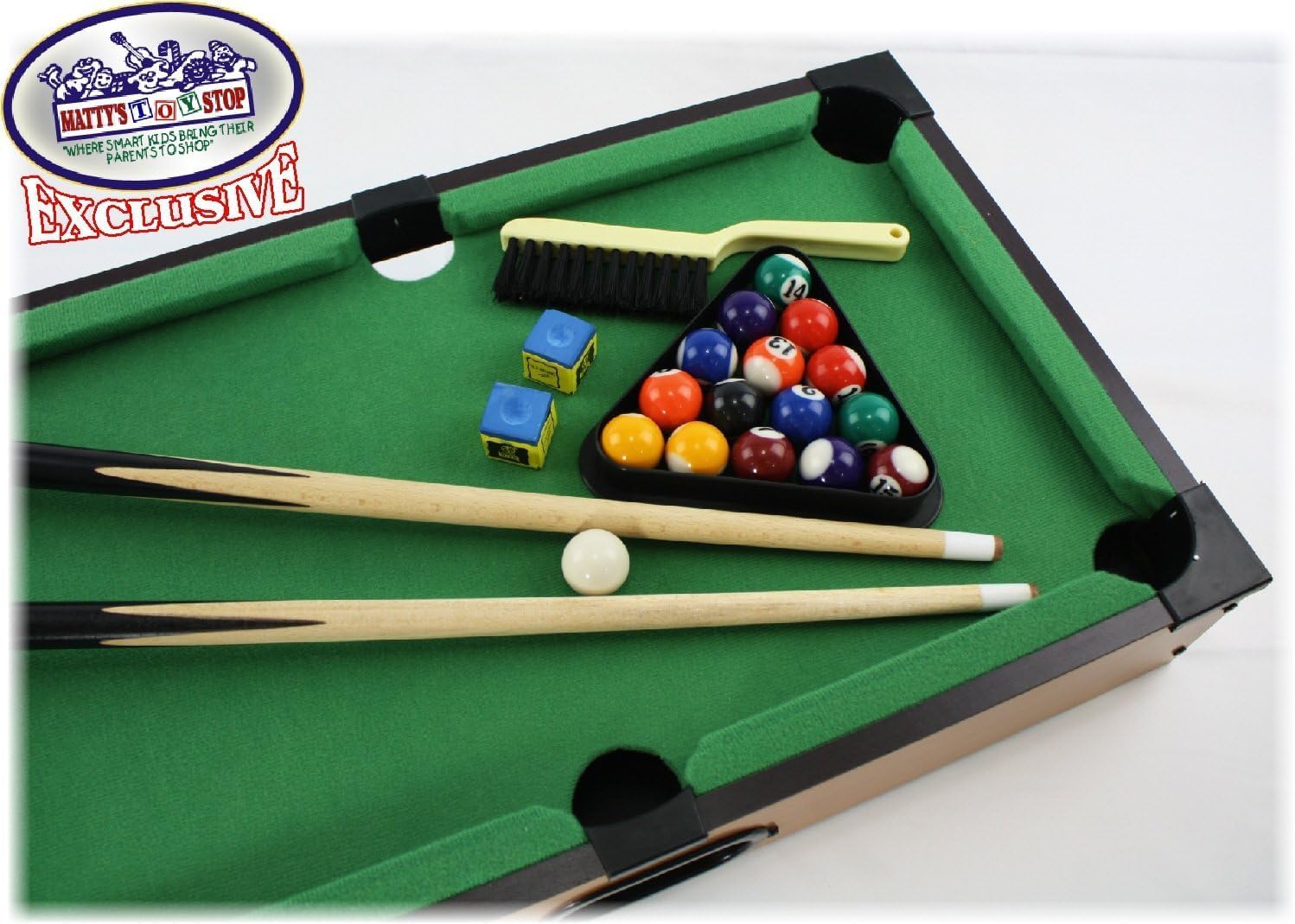 Matty's Toy Stop Deluxe 20" Wooden Table Top Pool Table – Complete Set with 15 Balls, 2 Cues, Chalk, Racking Triangle & Brush – Fun for Ages 6+ – Perfect for Family Game Nights
