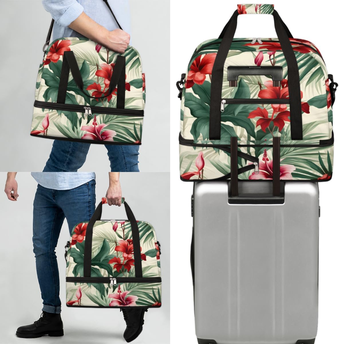 QsirBC Summer Floral Pattern Gym Bag for Women Duffle Tote with Shoes Compartment Men Weekender Duffel for Dance Travel Sports Swimming Overnight