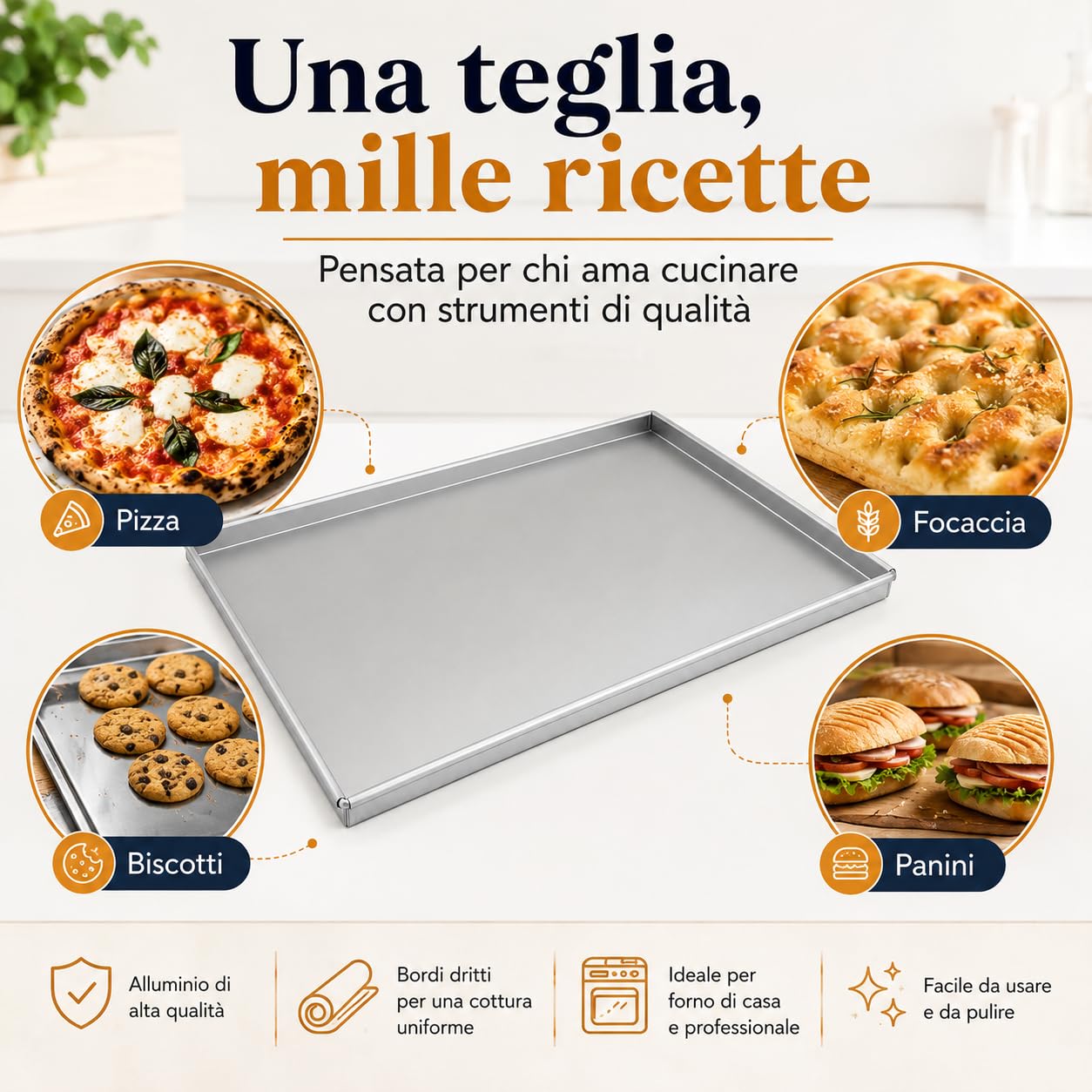 Teglia Rettangolare in Lega d'Alluminio Spessore 12/10 con Orlo, Argento, 40 x 30 cm 2 cm h, 1 Pezzo (40X30 2CM H ALLUMINIO 12/10)