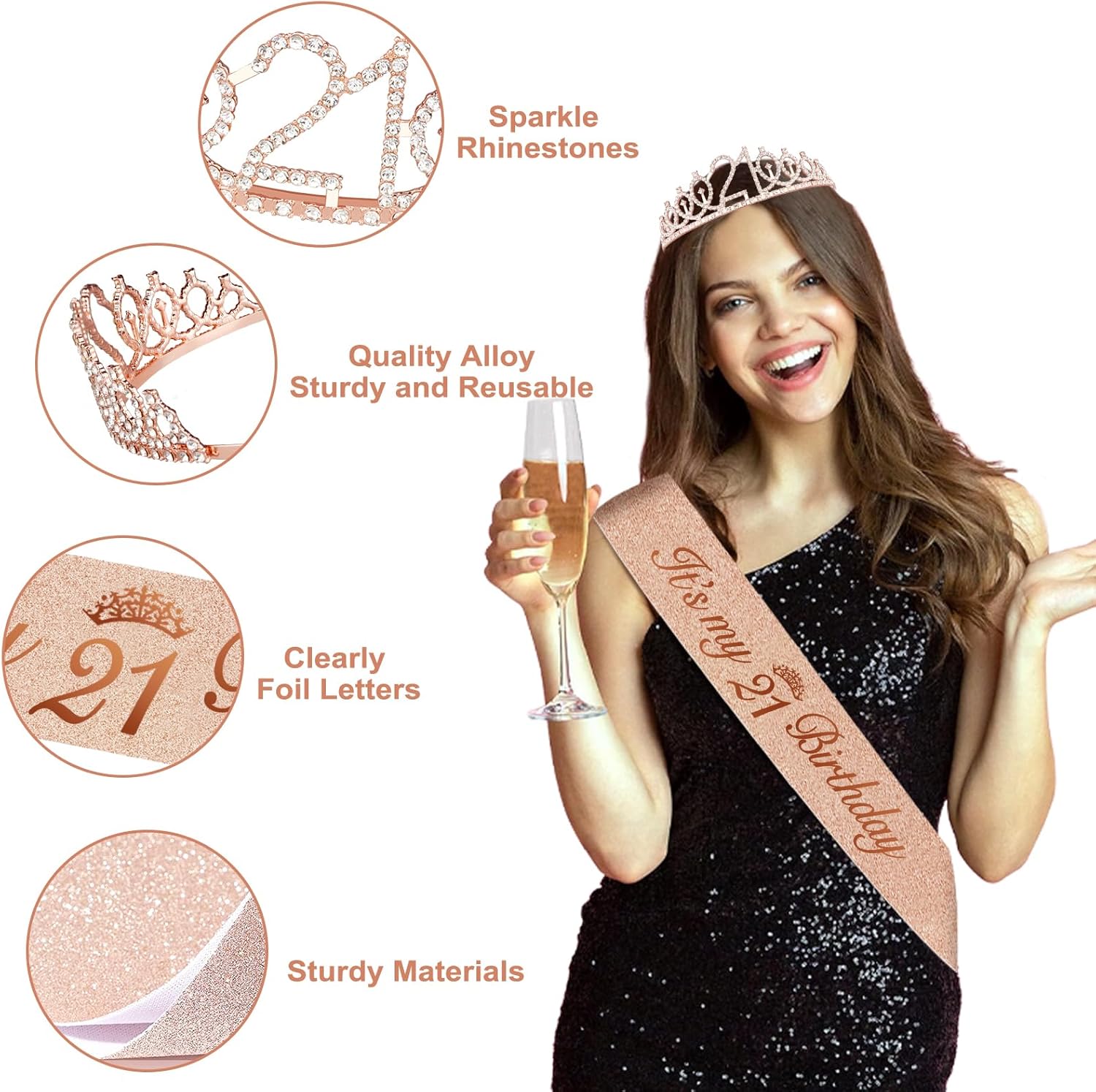 21st Birthday Decorations for Her, Rose Gold Happy 21st Birthday Decorations for Girls, 21 Sash and Crown, Banner, Fringe Curtains, Hanging Paper Fans, 21 Year Old Party Supplies Set