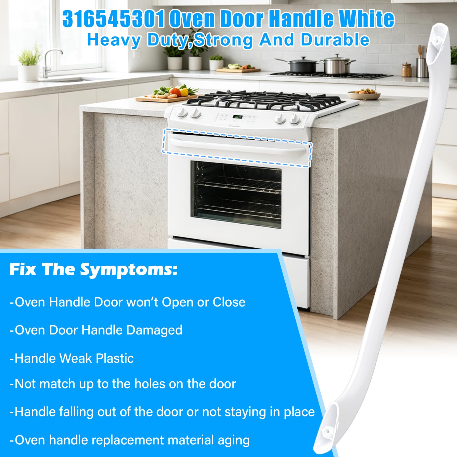 Manija de puerta de horno mejorada 316545301 de repuesto compatible con estufa eléctrica Frigidaire, color blanco