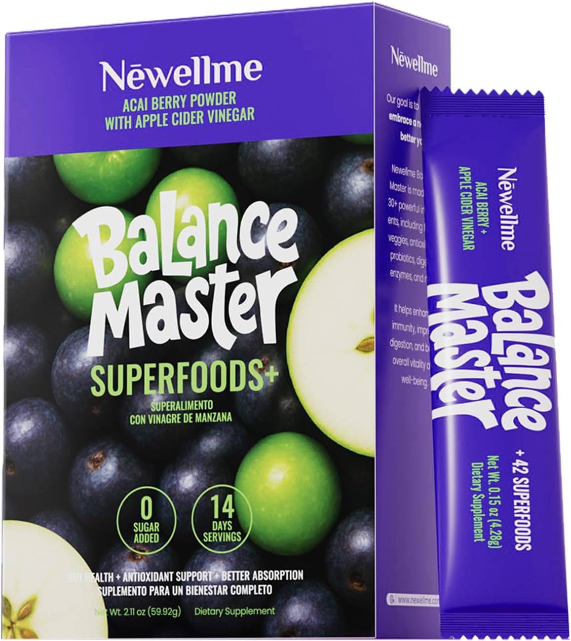NEWELLME Balance Master Acai Apple Cider Vinegar Powder, Healthy Blood Sugar Support, Probiotics & Digestive Enzymes for Metabolic Support, Vegan Non-GMO, 14 Servings
