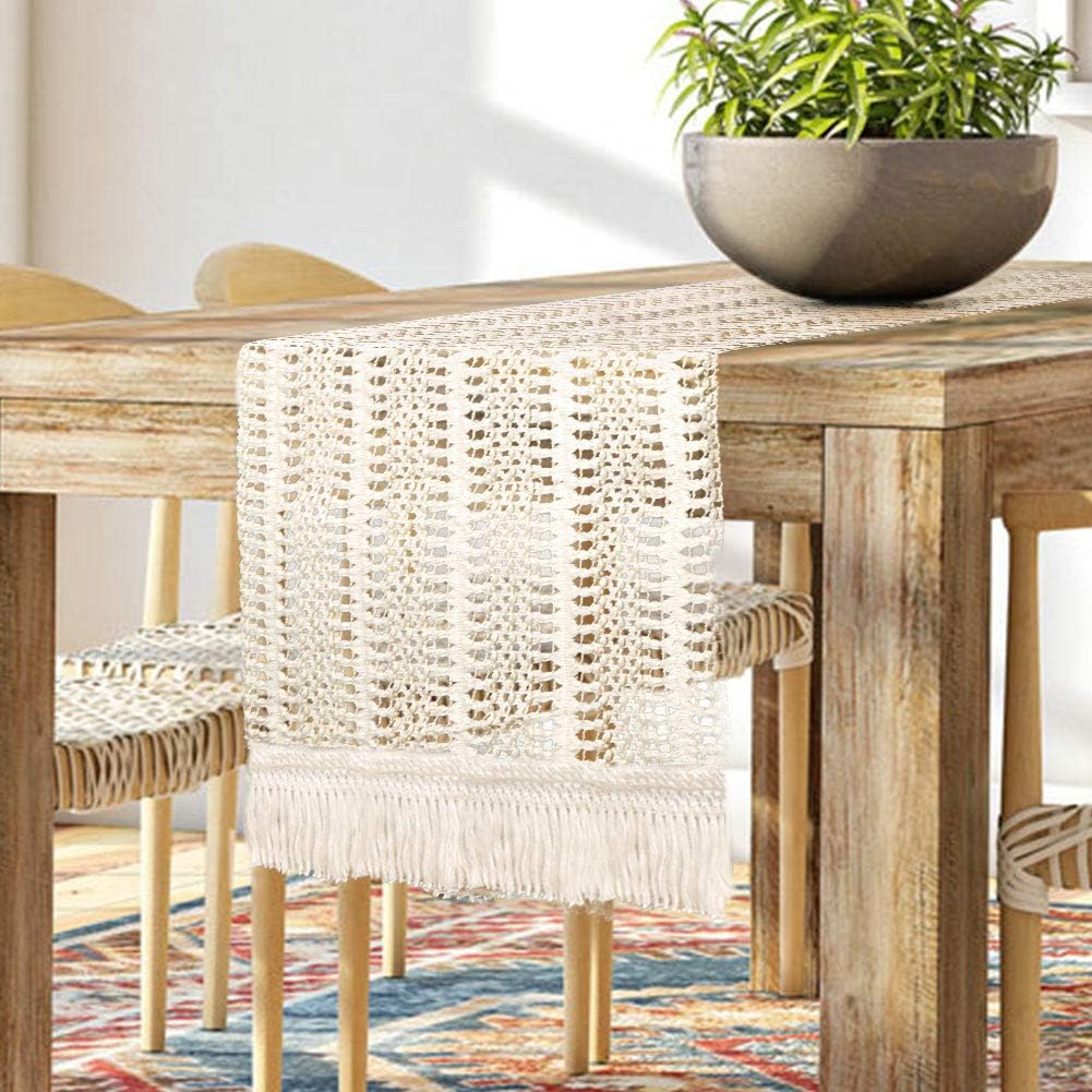 OurWarm Boho Table Runners 72 Inches Long, Cotton Macrame Table Runner Crochet Lace, Woven Table Runner with Tassels for Bohemian Wedding Bridal Shower Home Rustic Farmhouse Dining Table Decor