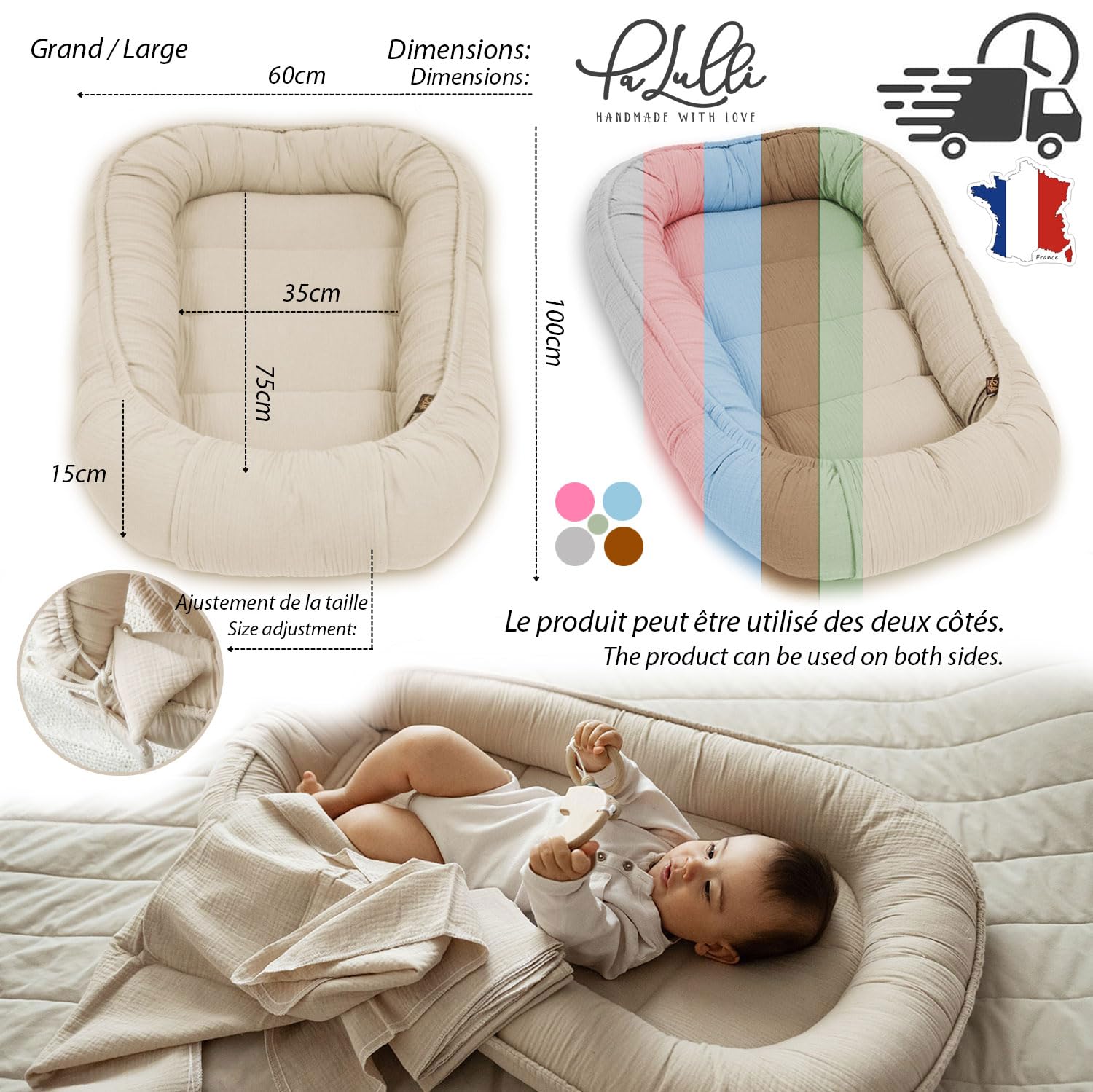 PaLulli Cocon pour bébé en 100% Coton Mousseline Premium, nid Douillet 100x60cm avec Rabat à Fermeture Velcro, Matelas à Langer, lit Douillet, Cocon pour lit de bébé - bébés et Nourrissons (Beige)