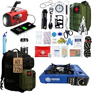 Kit de Survie Complet UE 2026, Sac à Dos de préparation d’Urgence 72 Heures, équipement Essentiel avec Radio Solaire, éclairage, paracorde et Couverture Thermique
