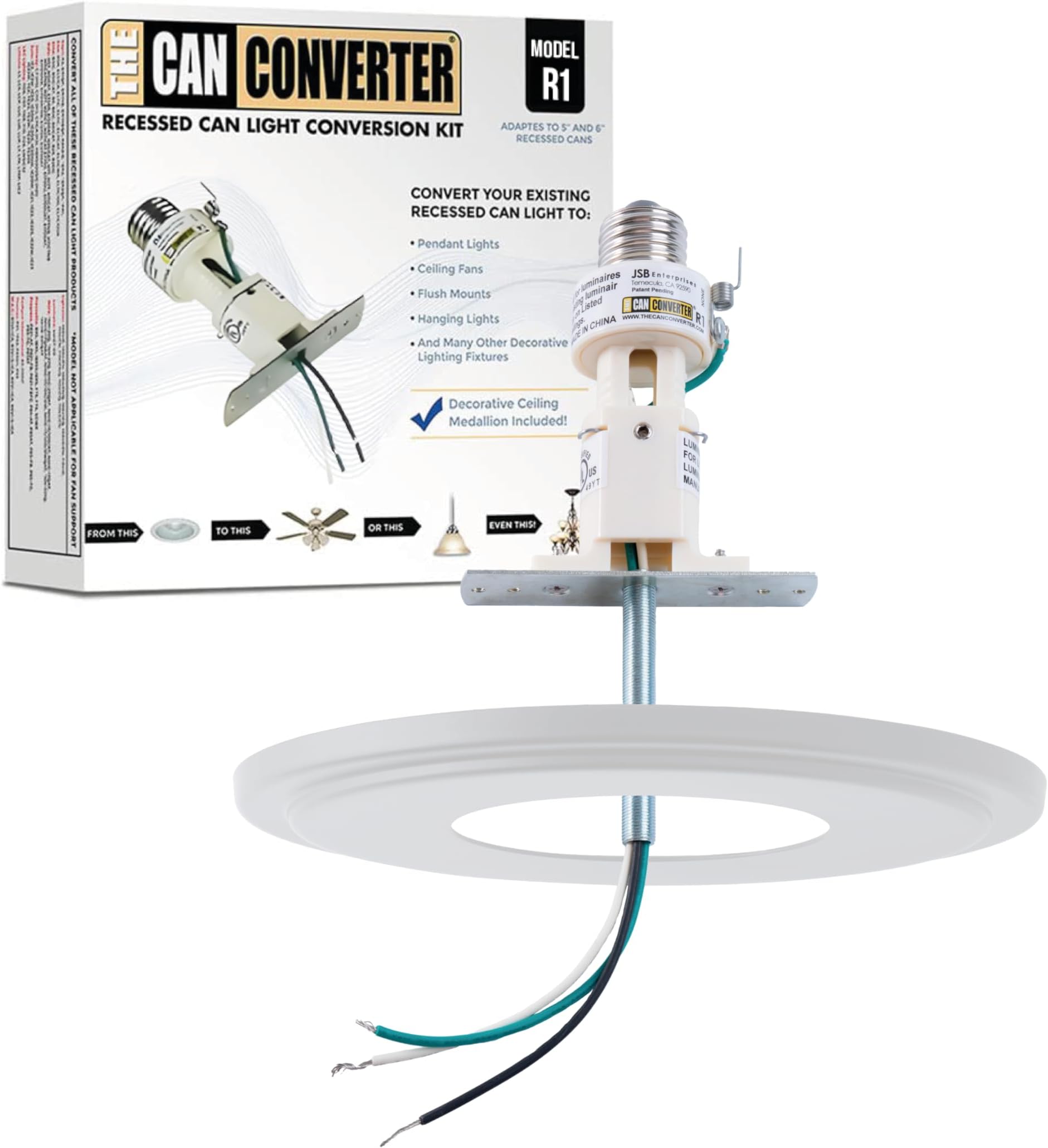 R1 Recessed Can Light Conversion Kit w/ 8¼" Steel Beveled Ceiling Medallion - Home Improvement for 4", 5" & 6" Cans, Fan & Light Fixture Converter Kit, UL Certified, White