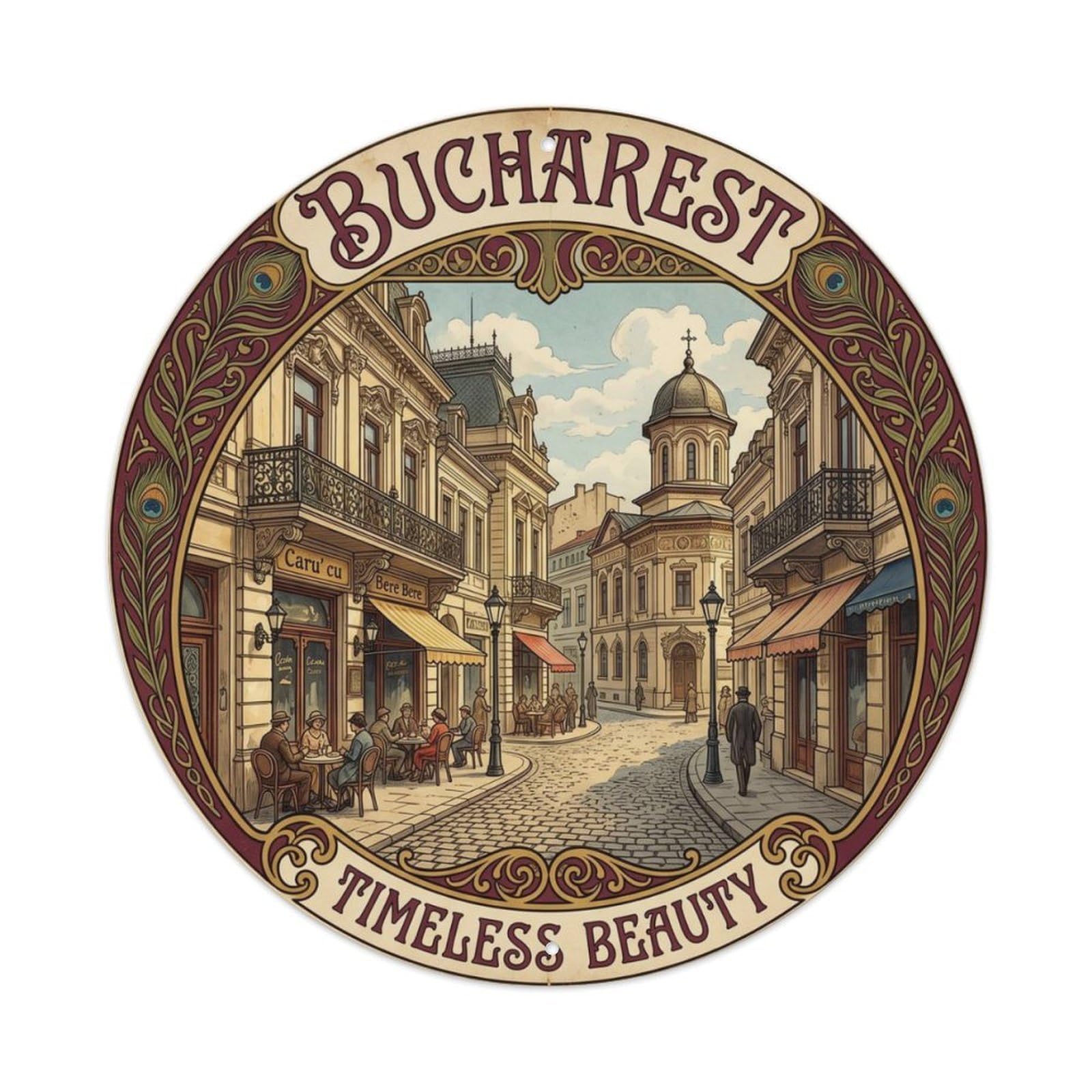 Vintage Travel Oldtown Bucharest Romania Metal Tin Sign Plaque Wall Decor for Cafe, Club Bar, Office, Home Garden Round Metal Poster 8x8Inch