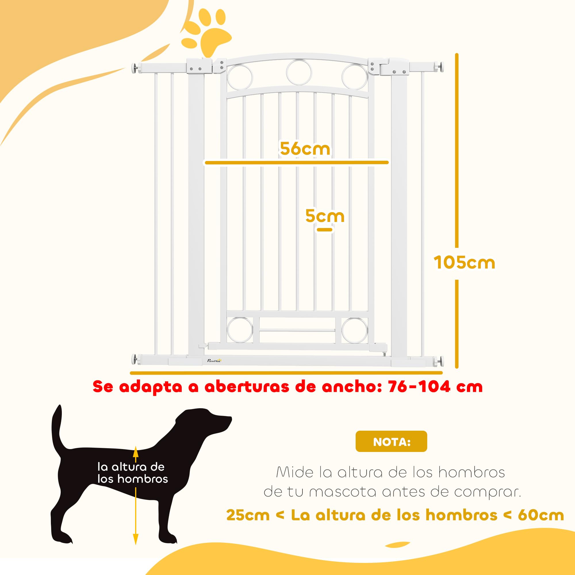 PawHut Cancelletto per cani con barriera di sicurezza per cani 76-104 cm Altezza 105 cm con 2 prolunghe 7/14 cm per scale e cancelli Bianco