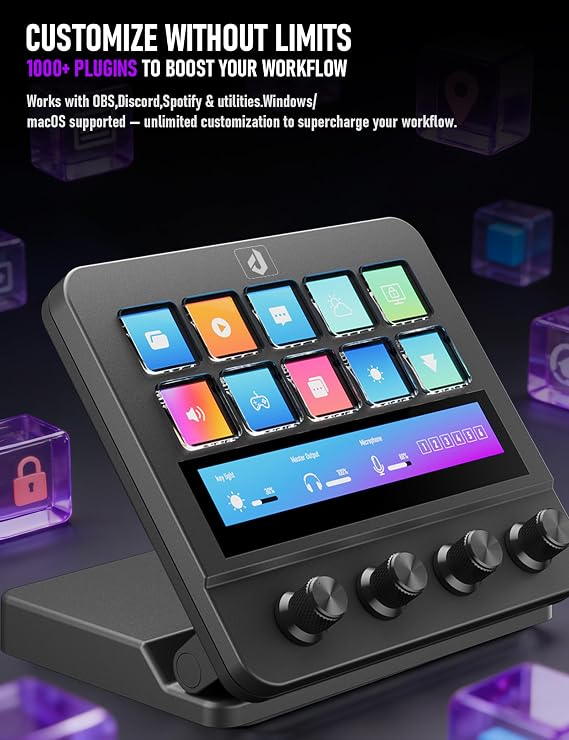 Stream Control Deck 10 Programmable Macro Keyboard 4 Knob Stream Controller 0-60 Adjustable LCD Macro Pad Wired Shortcut Keyboard for Streamers/Content Creators/Office Compatible with Windows /macOS