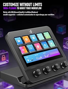 Stream Control Deck 10 Programmable Macro Keyboard 4 Knob Stream Controller 0-60 Adjustable LCD Macro Pad Wired Shortcut Keyboard for Streamers/Content Creators/Office Compatible with Windows /macOS