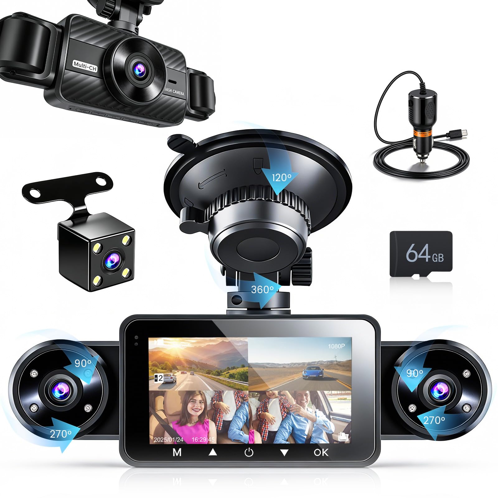 Hikity 360°Dash CAM Coche con Tarjeta SD 64G,4 Cámaras Pantalla IPS de 3 Pulgadas Cámara para Coche,Dashcam Coche 1080P,Sensor G, Visión Nocturna,Ayuda Inversa,Grabación en Bucle