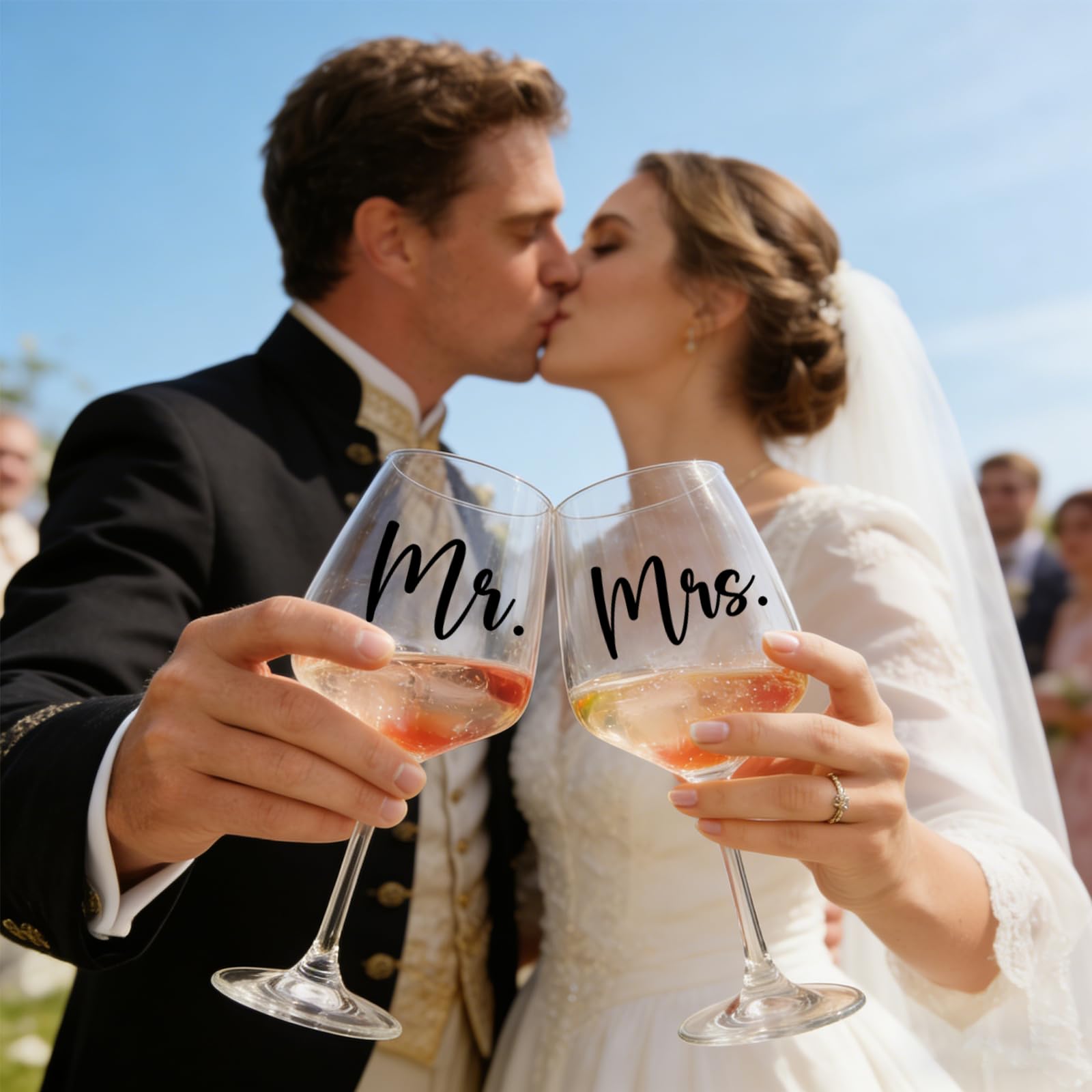 Regali di nozze per coppia di sposi Mr & Mrs, 2 bicchieri da vino con incisione e 1 chiusura del vino e 2 sottobicchieri, regalo di fidanzamento personalizzato in scatola di legno, regalo per