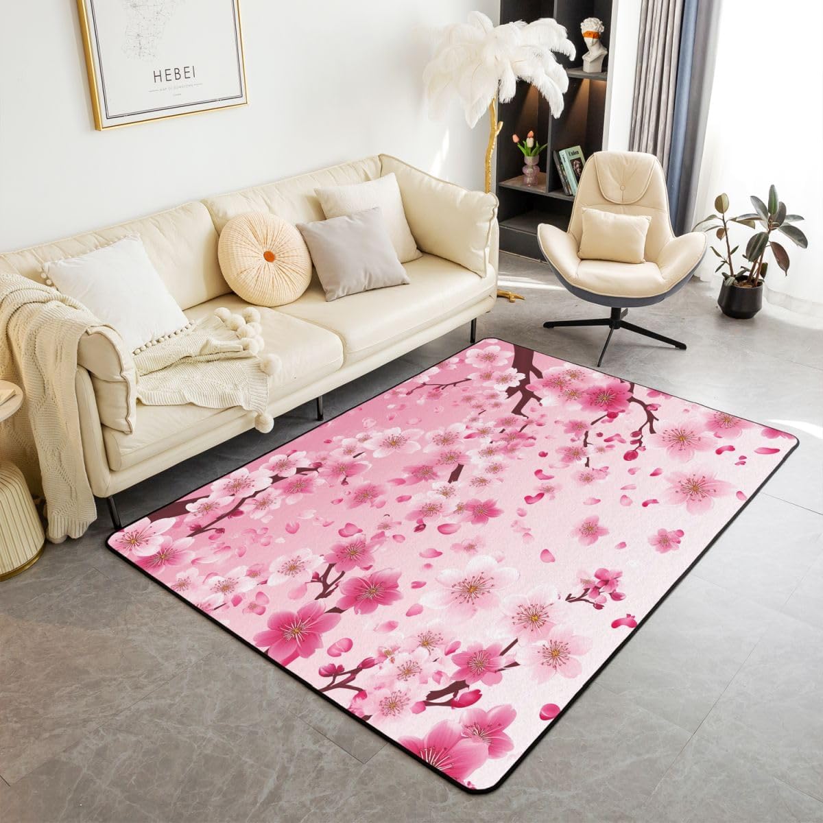 Cherry Blossoms Living Room Rugs 5x7 Japanese Style Living Room Rugs Sakura Flower Area Rug Gradient Pink Decorative Carpet for Boys Girls Kids Adults