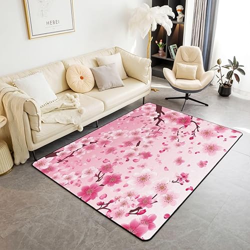 Alfombras para sala de estar, 5 x 7 pies, estilo japonés, alfombra de área de flores Sakura, alfombra decorativa rosa degradado para niños, niñas,