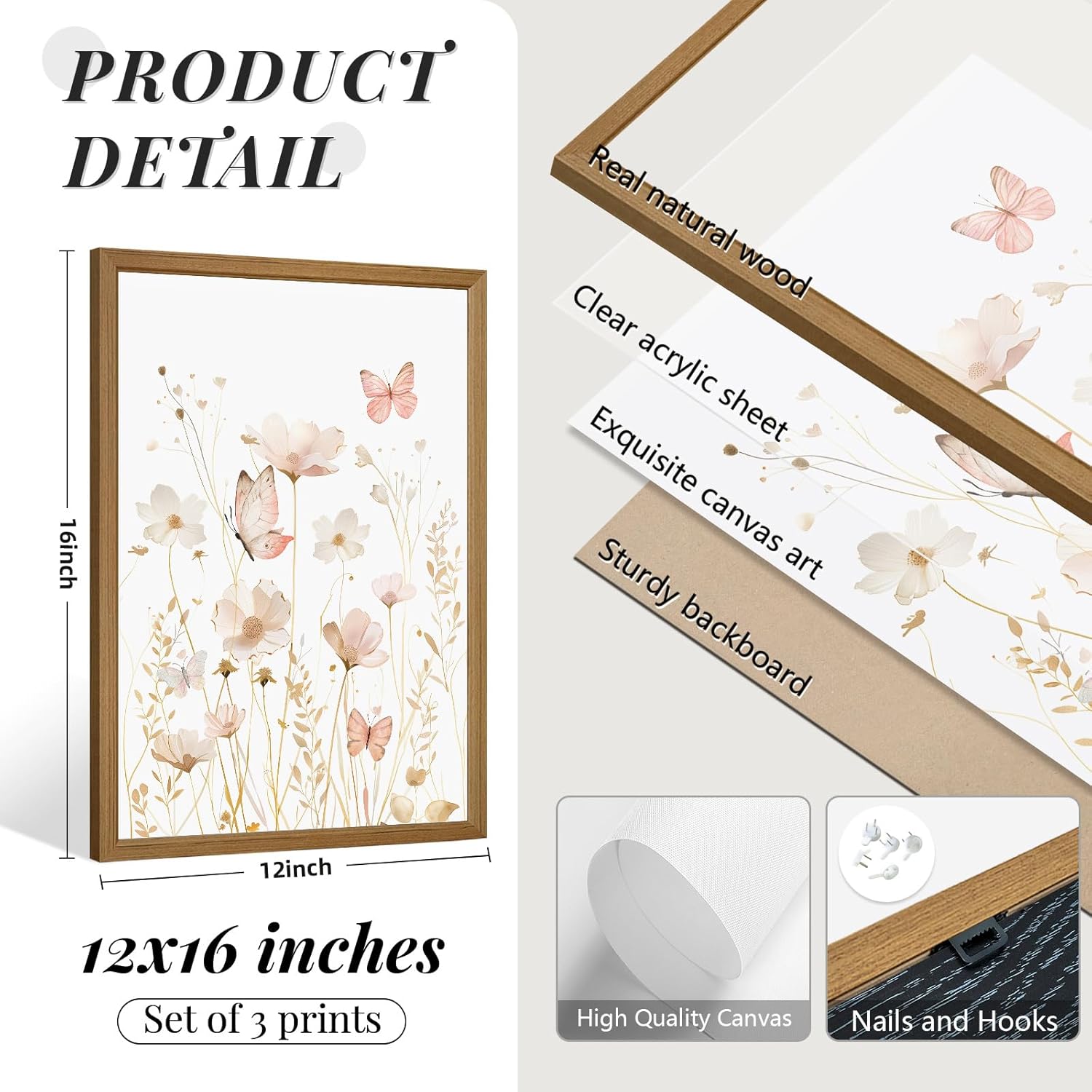 Pink Floral Wall Art Vintage Nursery Wildflower Canvas Wall Decor Watercolor Flower Prints Pink Boho Botanical Poster Butterfly Pictures Gold Beige Floral Painting for Bedroom 12x16x3 Inch Wood Framed