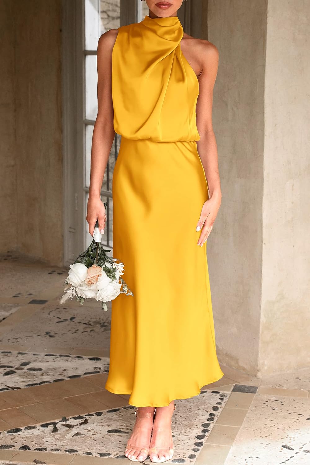 PRETTYGARDEN Women's 2026 Summer Satin Dress Elegant Sleeveless Mock Neck Cocktail Party Maxi Dresses thumbnail
