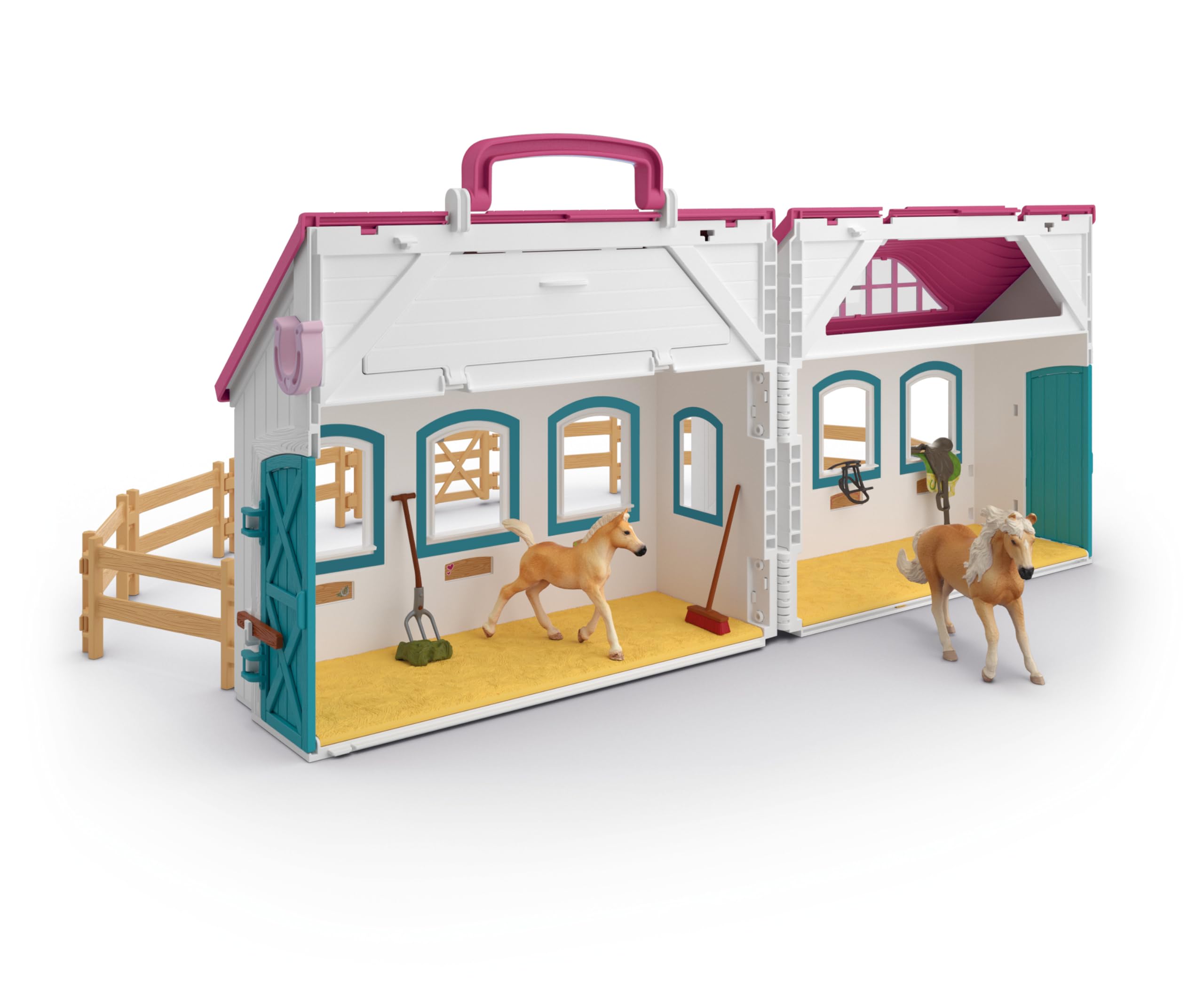 Schleich Horse Club | Écurie transportable “Petit Fer à Cheval” 42703 | Set avec écurie, 2 Chevaux, Figurine Mobile & Accessoires pour Enfants | Jouet dès 5 Ans | 60 pièces