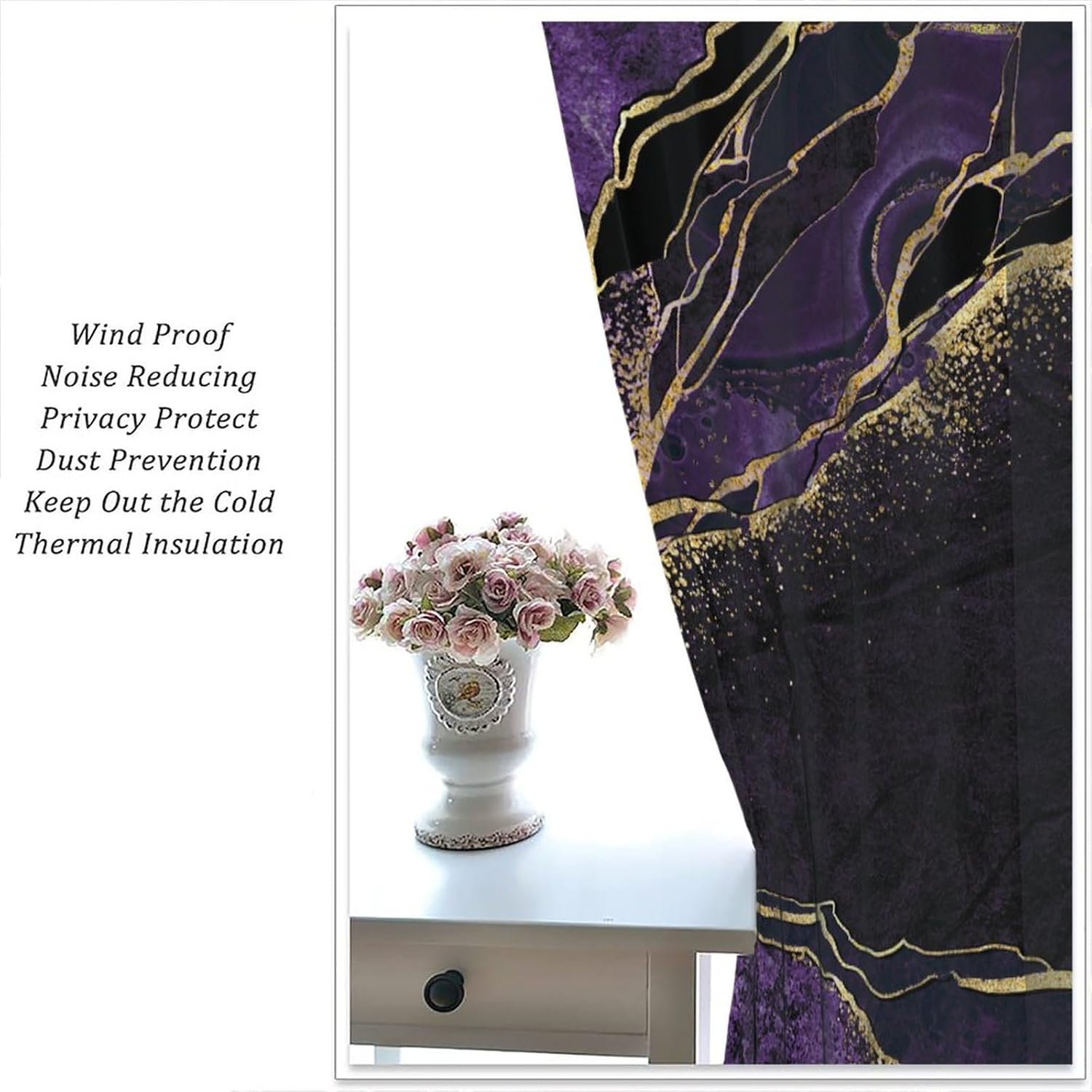 Purple Marble Curtains, Abstract Modern Luxury Gold Cracked Lines Black Mysterious Printed Blackout Window Drapes for Women Girls Bedroom Living Room 42x45 Inch
