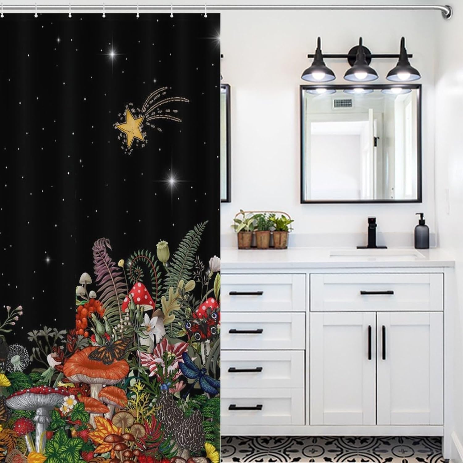 Mushroom Shower Curtain,Black Night Boho Hippe Gothic Botanical Moon Satr Print for Bathroom Curtain Cloth Fabric Home Decor with Hooks Set, 66x72Inch（168x183cm