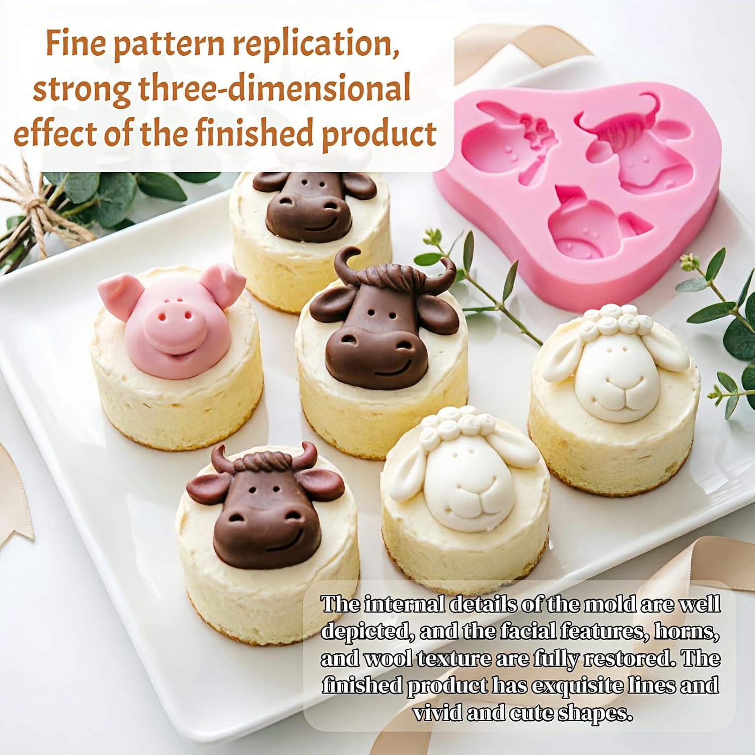 Silicone Mold, Cute Farm Animal Head (Cow, Sheep, Pig) - Food Grade Silicone for DIY Cake, Candy, Chocolate, Soap, Pudding, Jelly, Candle, Resin, 3.5x3.1x0.5 Inches (Pink 1Pcs)