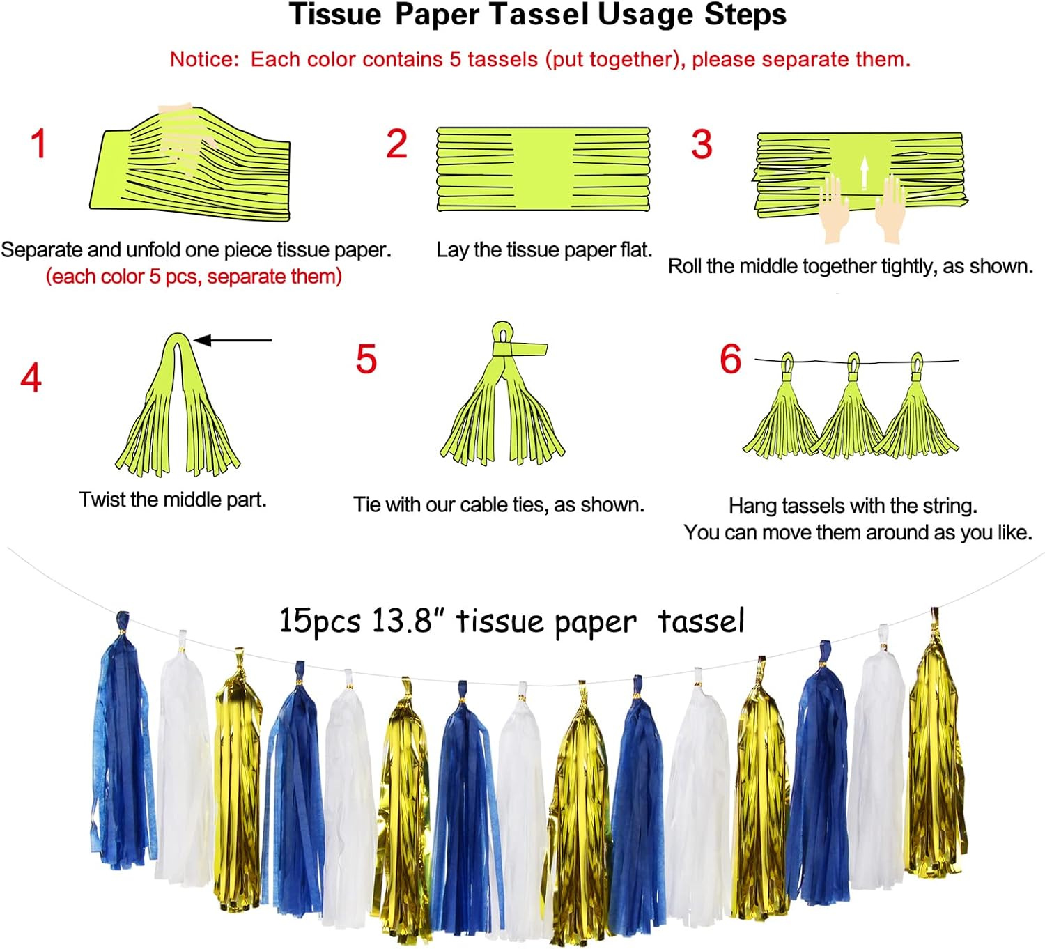 Navy-Blue White-Gold Tassel Garland Streamers- 15pcs Tissue Paper Tassels Banner Party Decorations Men Boy Birthday Graduation Bachelorette Engagement Backdrop Hanging Decor Panduola image 4