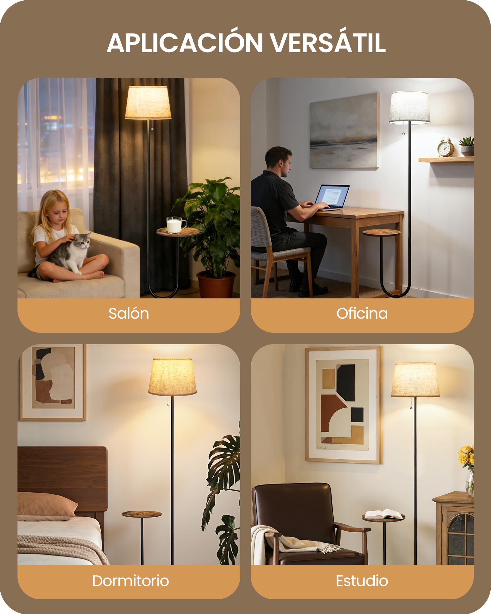 Lámpara de Pie con Mesa Auxiliar 3 Temperaturas de Color Cabezal Ajustable Pantalla de Lino Marrón Rústico y Beige