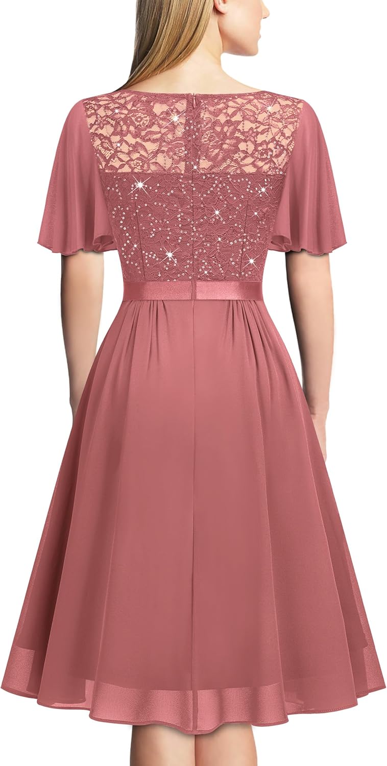 Miusol Women's Sequin Lace V Neck Ruffle Style Cocktail Party Chiffon A-line Dress - Image 2