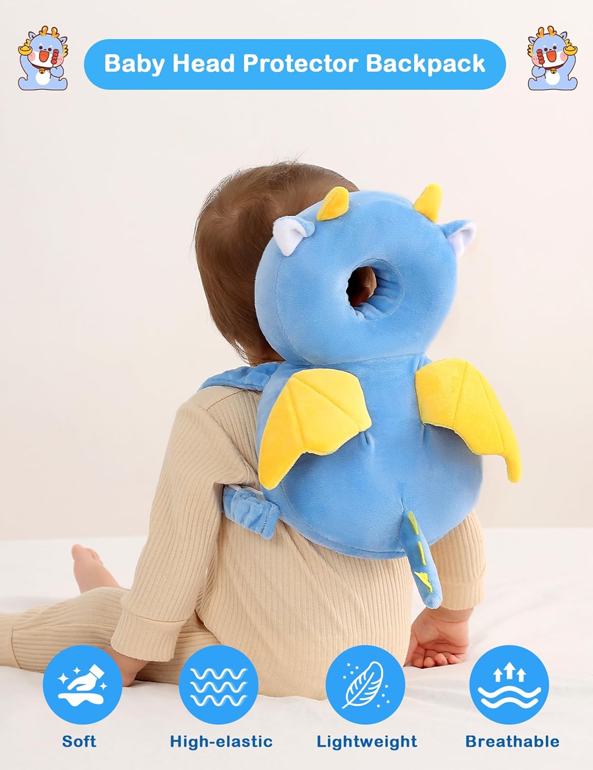 JunNeng Baby Head Protector Backpack, Toddler Walking Fall Head Protection, Blue Dinosaur