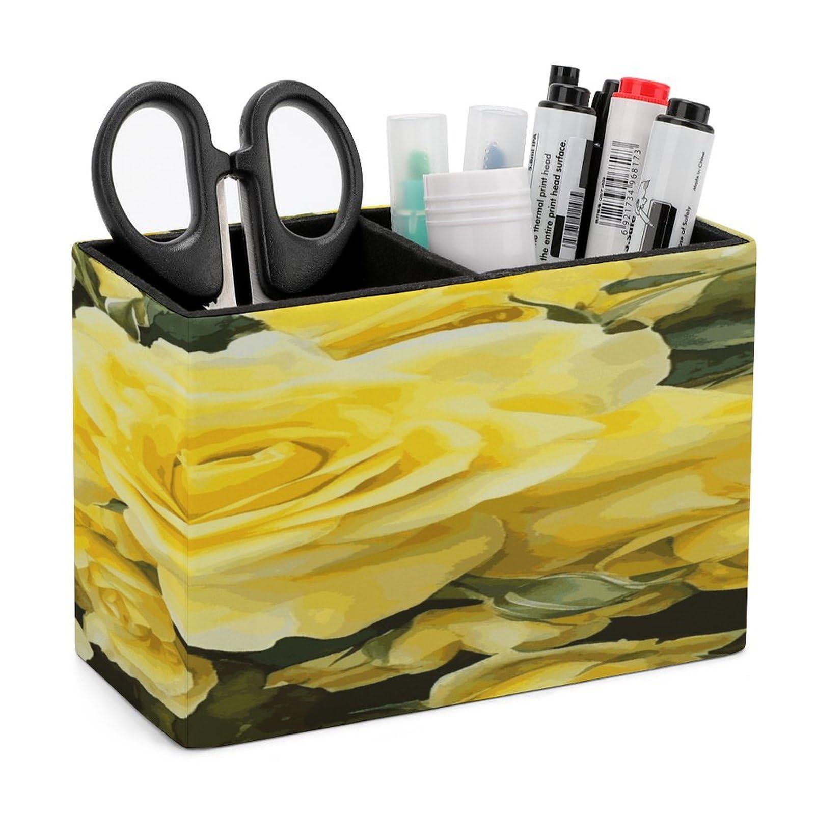 FekiLoot Yellow Rose Leather Pen Holder for Desk Double Compartments Brush Minimalist PU Leather Pencil Holder Locker Organizer for Work Locker Accessories Pencil Cup for Desk