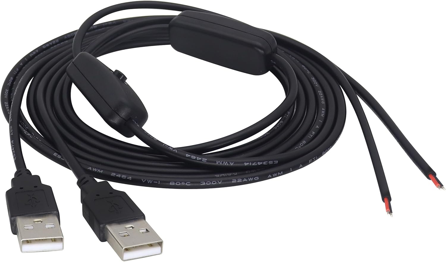 DC 2ピン USBケーブル オン/オフスイッチ付き USB 2.0 A オスプラグ 【データダウンロードプログラミングケーブル】 2ピン 裸線充電ケーブルコネクタ